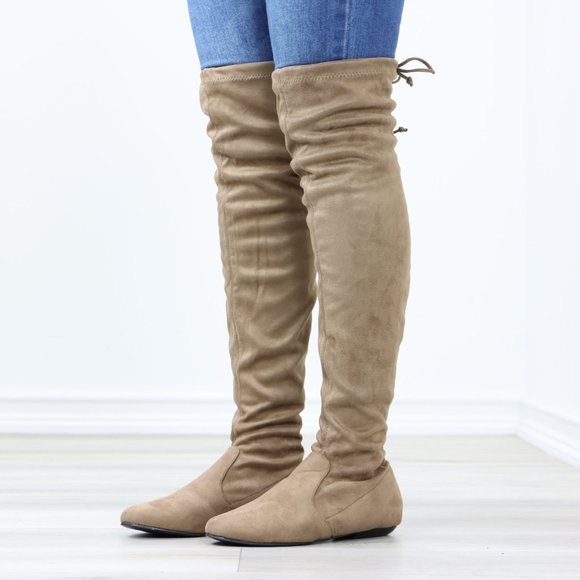 Taupe Thigh High Over The Knee Flat Boots Faux Suede - Picture 13 of 15
